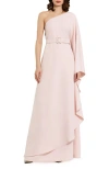 Mac Duggal Crepe One Sleeve Belted Kaftan Dress In Blush