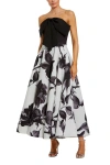 Mac Duggal Crepe Printed Strapless Midi Dress With Bow In Black