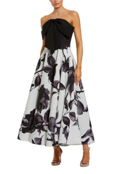 Mac Duggal Crepe Printed Strapless Midi Dress With Bow In Black