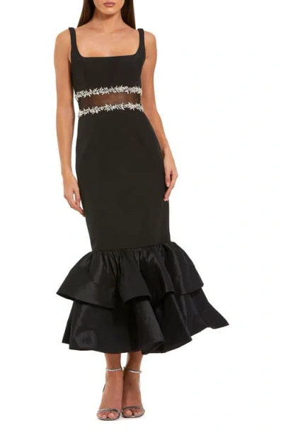 Mac Duggal Crepe Ruffle Hem Midi Dress With Beading Detail In Black