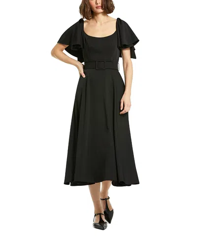 MAC DUGGAL CREPE RUFFLE SLEEVE BELTED MIDI DRESS