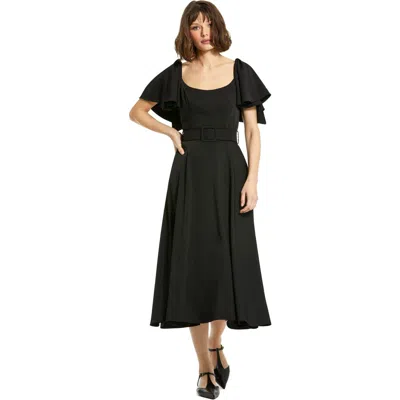 MAC DUGGAL MAC DUGGAL CREPE RUFFLE SLEEVE MIDI DRESS WITH BELT