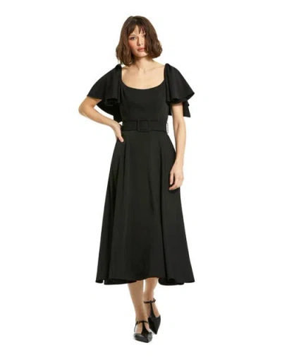 Mac Duggal Crepe Fitted Gown With Short Ruffle Sleeves In Black