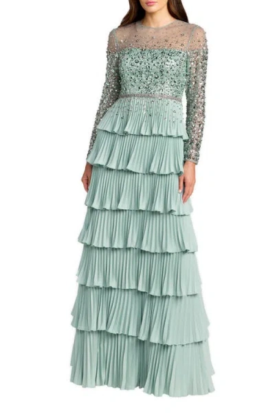Mac Duggal Crepe Ruffled Long Sleeve Evening Gown With Beaded Mesh Top In Green