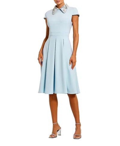 Mac Duggal Crepe Short Sleeve Midi Dress With Beading In Blue