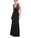 Mac Duggal Crepe Sleeveless Beaded Top With Bow V Neck Gown In Black