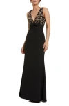 Mac Duggal Crepe Sleeveless Beaded Top With Bow V Neck Gown In Black
