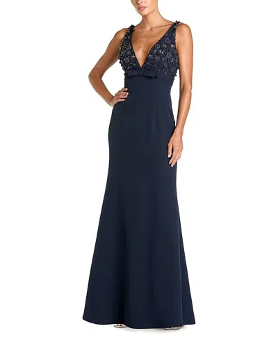 Mac Duggal Crepe Sleeveless Beaded V Neck Gown With Bow In Blue