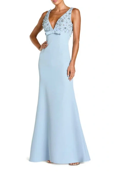 Mac Duggal Crepe Sleeveless Beaded V Neck Gown With Bow In Blue