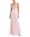 Mac Duggal Crepe Sleeveless Beaded V Neck Gown With Bow In Blush
