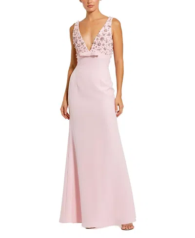 Mac Duggal Crepe Sleeveless Beaded V Neck Gown With Bow In Blush