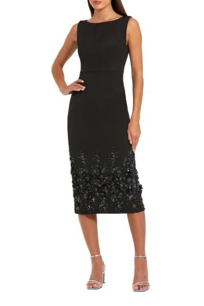Mac Duggal Crepe Sleeveless Floral Beaded Midi Dress In Black
