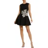 Mac Duggal Crepe Sleeveless Rhinestone Flower Detail Mini Dress In Black