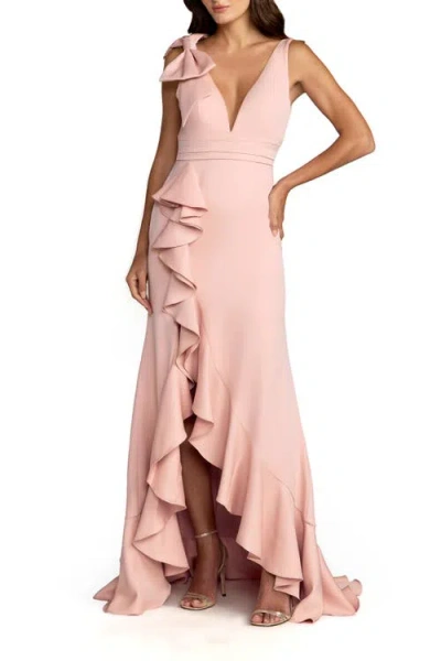 Mac Duggal Crepe Sleeveless Ruffled V-neck Gown With Bow In Pink