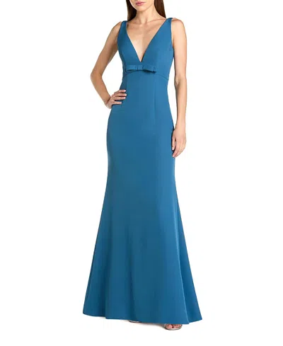 Mac Duggal Crepe Sleeveless V Neck Mermaid Gown With Bow In Blue