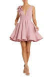 Mac Duggal Crepe Sleeveless V Neck Mini Dress With Bow In Rose