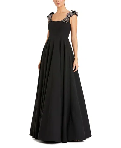 Mac Duggal Crepe Sleeveless With Rhinestone Flowers Ballgown In Black