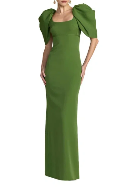 Mac Duggal Crepe Square Neck Gown With Puff Sleeves In Multi