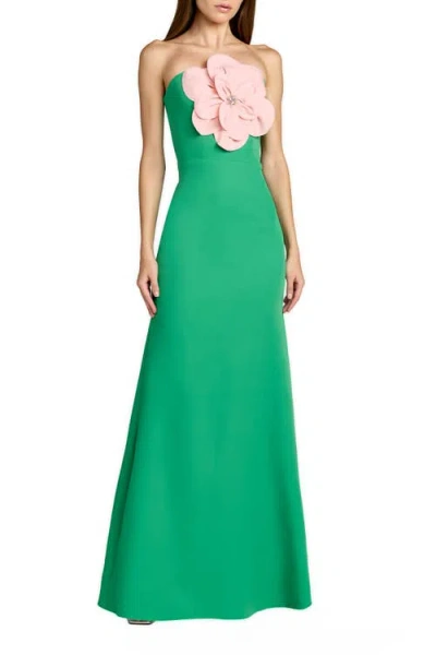 Mac Duggal Crepe Strapless Column Gown With 3d Flower In Green