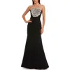 Mac Duggal Crepe Strapless Gown With 3d Rhinestone Flower In Black