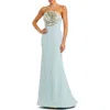 Mac Duggal Crepe Strapless Gown With 3d Rhinestone Flower In Powder Blue