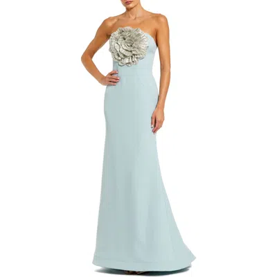 Mac Duggal Crepe Strapless Gown With 3d Rhinestone Flower In Powder Blue