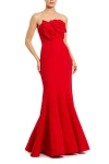 Mac Duggal Crepe Strapless Mermaid Gown With 3d Flowers In Red