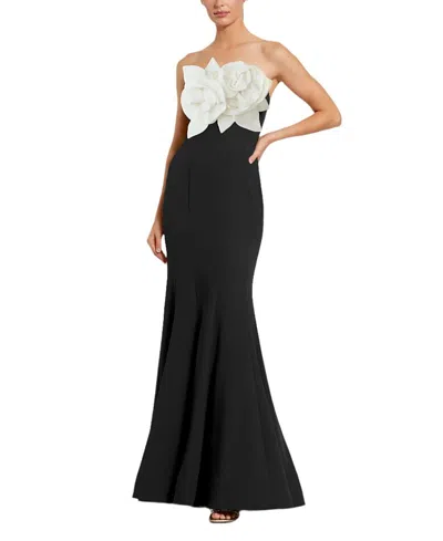 Mac Duggal Crepe Strapless Mermaid With 3d Flowers Gown In Black