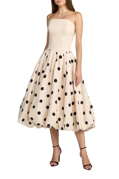 Mac Duggal Crepe Strapless Polka Dot Bubble Skirt Midi Dress In Neutral