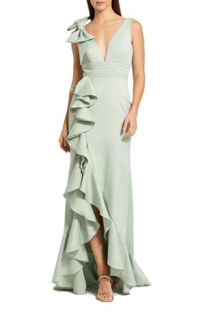 Mac Duggal Crepe V Neck Sleeveless Gown With Bow In Green