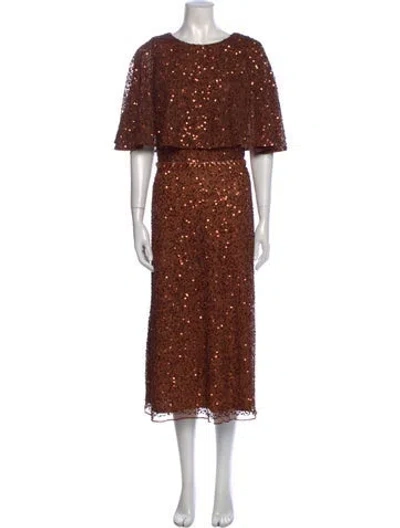 Pre-owned Mac Duggal Crew Neck Midi Length Dress In Brown