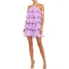 Mac Duggal Halter Tiered Ruffle Crinkle Chiffon Mini Dress In Lilac