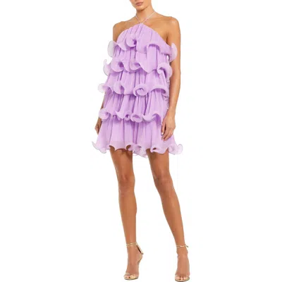MAC DUGGAL MAC DUGGAL FLOWY PURPLE RUFFLE DRESS WITH HALTER NECK AND TIERED SKIRT