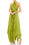 Mac Duggal Pleated Satin Halter Gown In Apple Green