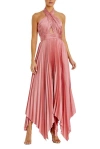 Mac Duggal Crisscross Halter Neck Accordion Pleat Handkerchief Gown In Rose Pink
