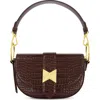 Mac Duggal Crocodile Embossed Leather Gold Hardware Saddle Bag In Chocolate