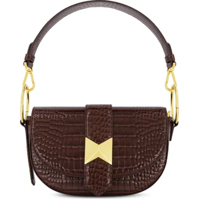 Mac Duggal Crocodile Embossed Leather Gold Hardware Saddle Bag In Chocolate