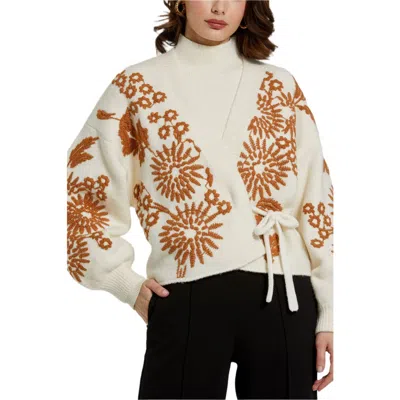 Mac Duggal Cropped Knit Cardigan With Floral Details In Ecru