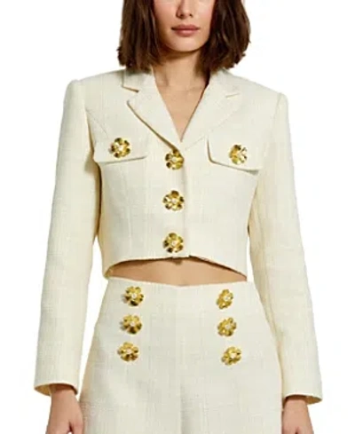 Mac Duggal Cropped Tweed Floral Button Jacket In Cream