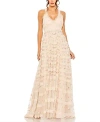 Mac Duggal Floral Embroidered Crisscross Tiered Gown In Blush Multi