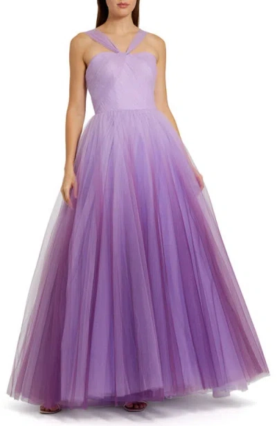 Mac Duggal Cross Front Strap Ombre Tulle Gown In Purple Ombre