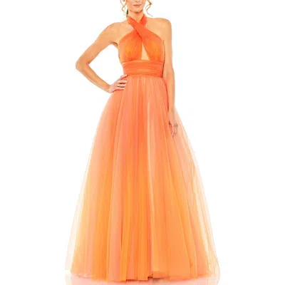 Mac Duggal Cross Front Tulle Ombre Cut-out Gown In Orange