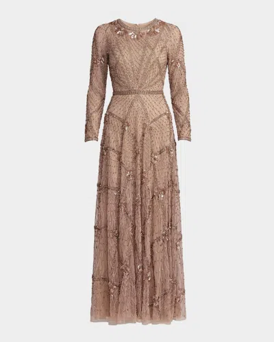 Mac Duggal Crystal & Beaded Mesh Gown In Brown