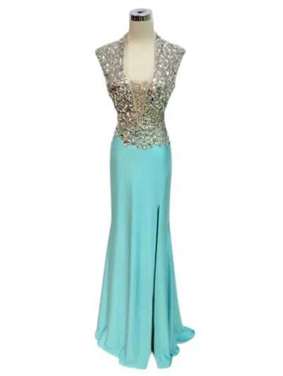 Mac Duggal Crystal And Sequins Embellished Jersey Prom Dress In Aqua/silver In Multi