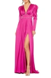 MAC DUGGAL CRYSTAL DETAIL SATIN EMPIRE WAIST LONG SLEEVE GOWN