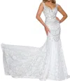 Mac Duggal Crystal Draped Lace Mermaid Gown In Ivory In Multi