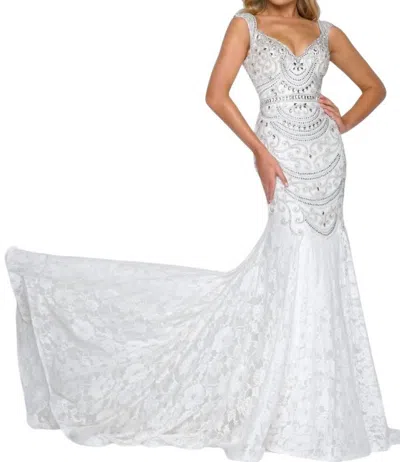 Mac Duggal Crystal Draped Lace Mermaid Gown In Ivory In Multi