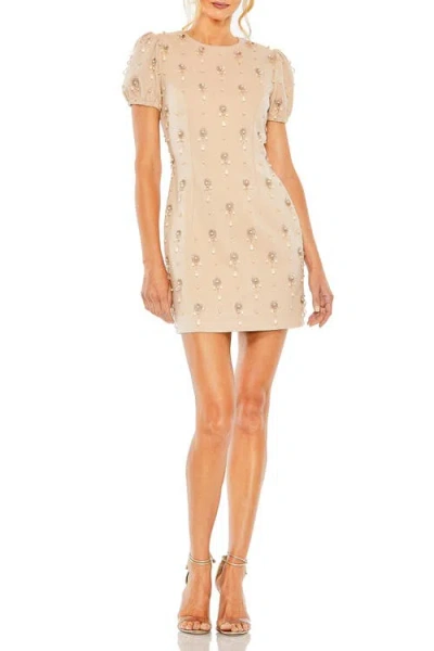 Mac Duggal Crystal Embellished Short Sleeve Mini Dress In Neutral