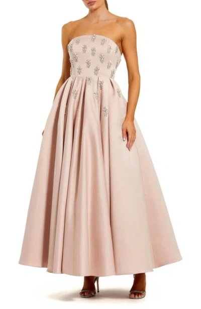 MAC DUGGAL MAC DUGGAL CRYSTAL EMBELLISHED STRAPLESS SATIN A-LINE DRESS
