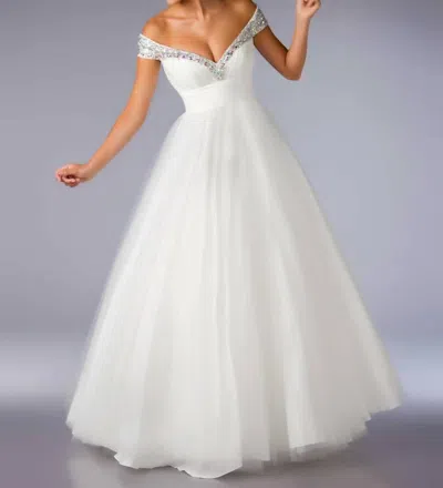 Mac Duggal Crystal Off The Shoulder Gown In White